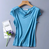 Silk Knit T-Shirt Women Drape Neck Soft Top