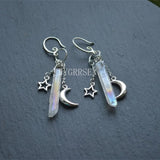 Raw Crystal with Moon and Stars Earrings  Dangle Jewelry