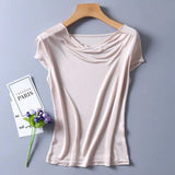 Silk Knit T-Shirt Women Drape Neck Soft Top