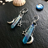 Raw Crystal with Moon and Stars Earrings  Dangle Jewelry