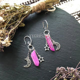 Raw Crystal with Moon and Stars Earrings  Dangle Jewelry