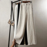 Cotton Linen Straight Trousers Elastic High Waist Wild Wide Leg Pants