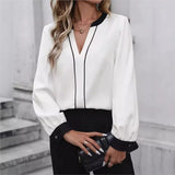 White V-Neck Blouse Elegant Casual Women Top