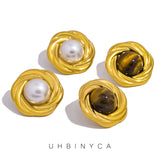 Natural Tiger's-eye Stone Stainless Steel Golden Stud Earrings 18k PVD Plated Waterproof Fashion Metal Daily Charm Jewelry
