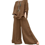 Casual Cotton Linen Pant Sets Women's O Neck Long Sleeve