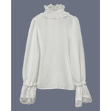 Casual White Boho Blouse Long Sleeve Lace Trim V Neck Ruffled Flare Cuff