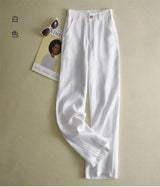 Cotton Linen Straight Trousers Elastic High Waist Wild Wide Leg Pants