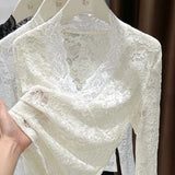 New Women's White Lace V-Neck Long Sleeve Blouse 