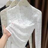 New Women's White Lace V-Neck Long Sleeve Blouse 