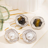Natural Tiger's-eye Stone Stainless Steel Golden Stud Earrings 18k PVD Plated Waterproof Fashion Metal Daily Charm Jewelry