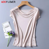 Silk Knit T-Shirt Women Drape Neck Soft Top