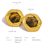 Natural Tiger's-eye Stone Stainless Steel Golden Stud Earrings 18k PVD Plated Waterproof Fashion Metal Daily Charm Jewelry