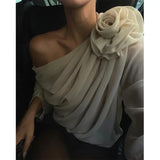 Women's Chiffon Blouse Tops Loose Fitting Shoulder Slash