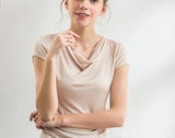 Silk Knit T-Shirt Women Drape Neck Soft Top