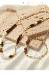 Tiger Eye Stone Splice Freshwater Pearl Beaded Chain Necklace