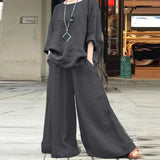 Casual Cotton Linen Pant Sets Women's O Neck Long Sleeve