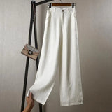 Cotton Linen Straight Trousers Elastic High Waist Wild Wide Leg Pants
