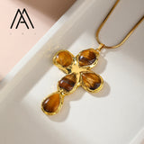 Tigers Eye Cross Pendant Necklace Fashion Vintage