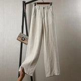 Cotton Linen Straight Trousers Elastic High Waist Wild Wide Leg Pants