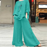 Casual Cotton Linen Pant Sets Women's O Neck Long Sleeve
