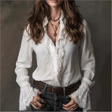 Casual White Boho Blouse Long Sleeve Lace Trim V Neck Ruffled Flare Cuff