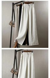 Cotton Linen Straight Trousers Elastic High Waist Wild Wide Leg Pants