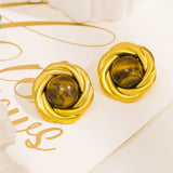 Natural Tiger's-eye Stone Stainless Steel Golden Stud Earrings 18k PVD Plated Waterproof Fashion Metal Daily Charm Jewelry