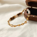 Tiger Eye Stone Splice Freshwater Pearl Beaded Chain Necklace