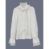 Casual White Boho Blouse Long Sleeve Lace Trim V Neck Ruffled Flare Cuff