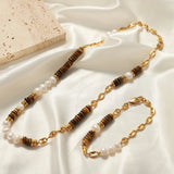 Tiger Eye Stone Splice Freshwater Pearl Beaded Chain Necklace