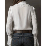 Casual White Boho Blouse Long Sleeve Lace Trim V Neck Ruffled Flare Cuff
