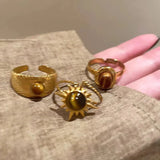 Vintage Tiger's-eye Stone Rings For Women Girls Golden Sunflower