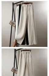 Cotton Linen Straight Trousers Elastic High Waist Wild Wide Leg Pants