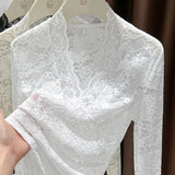 New Women's White Lace V-Neck Long Sleeve Blouse 