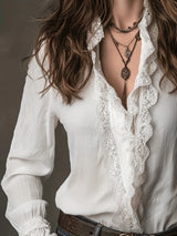 Casual White Boho Blouse Long Sleeve Lace Trim V Neck Ruffled Flare Cuff