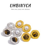 Natural Tiger's-eye Stone Stainless Steel Golden Stud Earrings 18k PVD Plated Waterproof Fashion Metal Daily Charm Jewelry