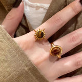 Vintage Tiger's-eye Stone Rings For Women Girls Golden Sunflower