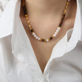 Tiger Eye Stone Splice Freshwater Pearl Beaded Chain Necklace