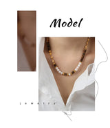 Tiger Eye Stone Splice Freshwater Pearl Beaded Chain Necklace