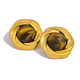 Natural Tiger's-eye Stone Stainless Steel Golden Stud Earrings 18k PVD Plated Waterproof Fashion Metal Daily Charm Jewelry