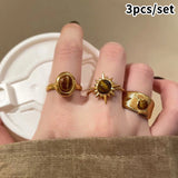 Vintage Tiger's-eye Stone Rings For Women Girls Golden Sunflower