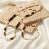 Tiger Eye Stone Splice Freshwater Pearl Beaded Chain Necklace