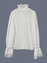 Casual White Boho Blouse Long Sleeve Lace Trim V Neck Ruffled Flare Cuff