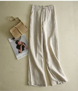 Cotton Linen Straight Trousers Elastic High Waist Wild Wide Leg Pants