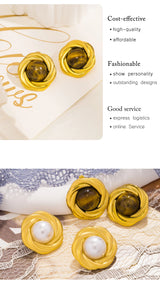 Natural Tiger's-eye Stone Stainless Steel Golden Stud Earrings 18k PVD Plated Waterproof Fashion Metal Daily Charm Jewelry