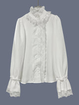 Casual White Boho Blouse Long Sleeve Lace Trim V Neck Ruffled Flare Cuff