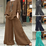Casual Cotton Linen Pant Sets Women's O Neck Long Sleeve